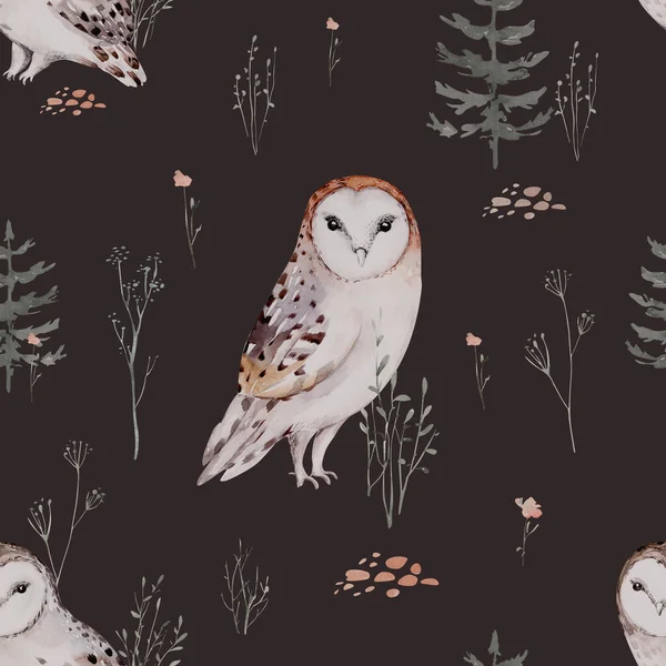 Woodland hayvanları suluboya desenli. Kumaş duvar kağıdı arka planında Baykuş, kirpi, tilki ve kelebek, orman sincabı ve sincap tavşan seti, ayı ve kuş yavrusu hayvan, İskandinav çocuk yuvası