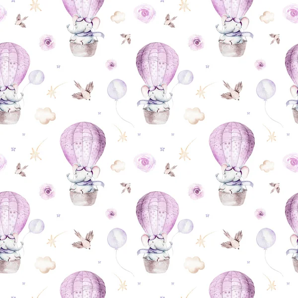 Watercolor purple illustration of a cute elephant and fancy sky scene complete with airplanes and balloons, clouds. Baby Boy and girl pattern. baby shower, nursery design.