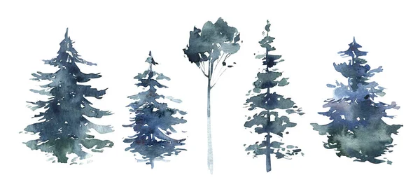 手绘水彩画的冬季风景与松树在山中 因白人背景而被隔离 — 图库照片