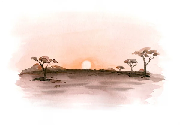 Watercolor landscape: african desert sunrise. Hand painted nature view with Acacia trees. Beautiful safari scene for wedding invitation pre-made card design.