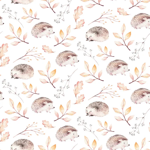 Watercolor autumn seamless pattern with mashrooms, branches, leaves and berries. Set of autumn forest plants. Collection of herbarium garden