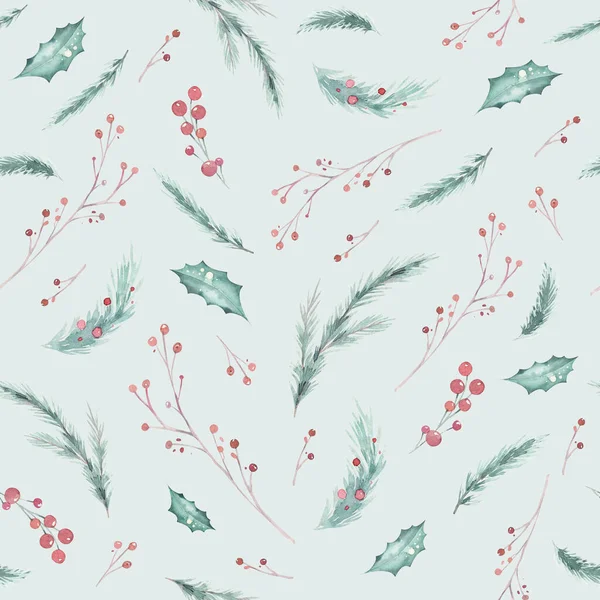 Hand-drawn winter pattern with Merry Christmas branches and berry elements. Hand painted watercolor seamless backgraund pattern. Holiday wallpaper paper narural decor