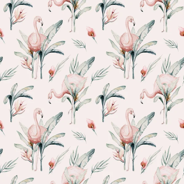 Tropisch Naadloos Patroon Met Flamingo Aquarel Tropisch Tekening Roos Vogel — Stockfoto