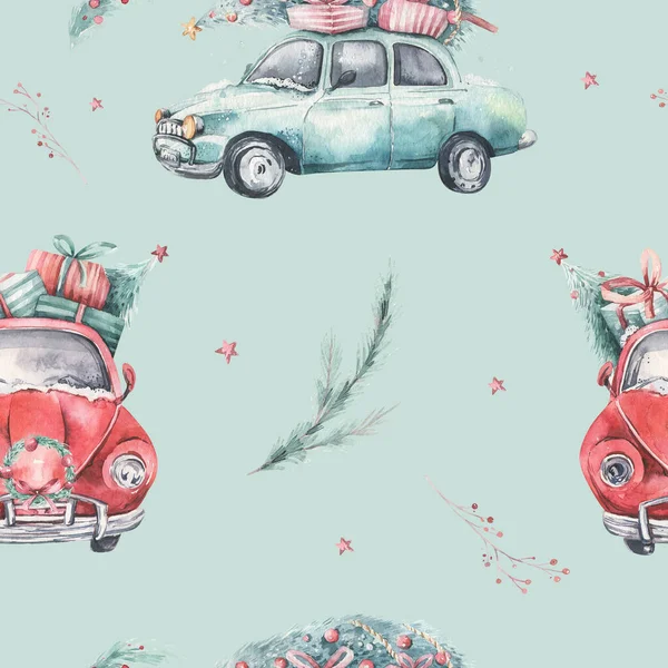 水彩画圣诞无缝图案 红色和绿色交通图解 圣诞快乐 汽车冬季设计 手绘复古复古汽车墙纸背景 — 图库照片