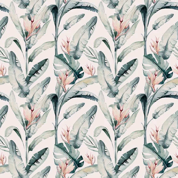 Tropical Seamless Pattern Flamingo Watercolor Tropic Drawing Rose Bird Greenery — Stock Photo, Image