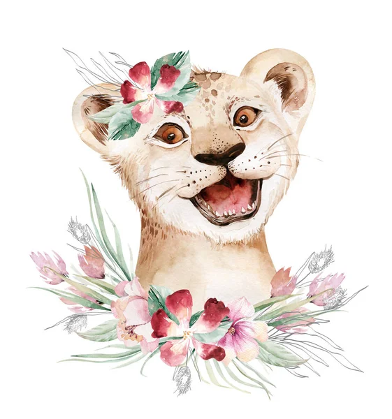 ライオンのいる流行のポスター 水彩漫画ライオンサバンナ動物イラスト ジャングルサバンナ熱帯夏 Print — ストック写真