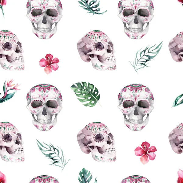Çiçekli tropik buketli insan suluboya kafatası. Meksika tropik baş klasik cadılar bayramı illüstrasyonu. Retro dövme ölüm tasarımı geriye dönük çizim