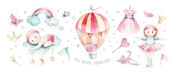 宝宝淋浴小天鹅水彩画女孩设计卡通片元素 一套婴儿粉色生日气球玩具连衣裙插图 新婚夫妇邀请函 — 图库照片