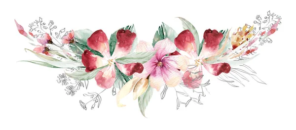 Акварельний Квітковий Вінок Богемський Природний Каркас Листя Пір Квіти Ізольовані — стокове фото