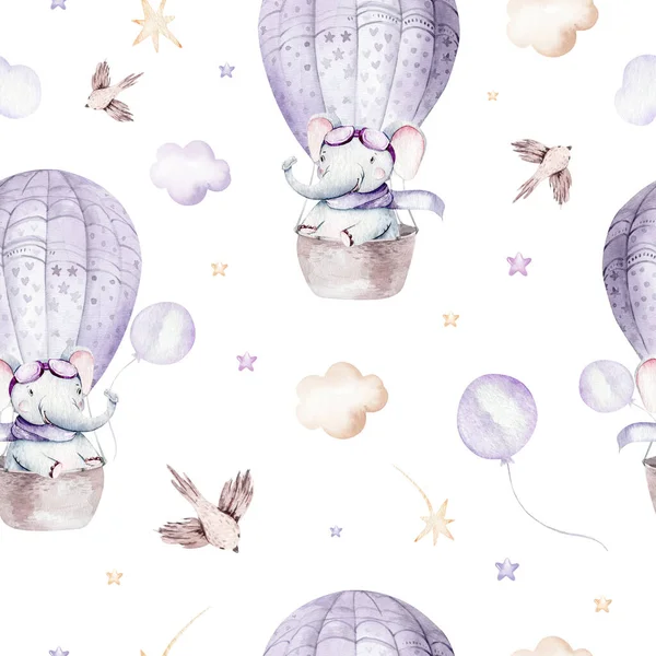 Şirin bir filin suluboya resmi ve süslü gökyüzü sahnesi uçaklar, balonlar ve bulutlarla tamamlandı. Bebek oğlan ve kız modeli. Bebek partisi, çocuk odası tasarımı..