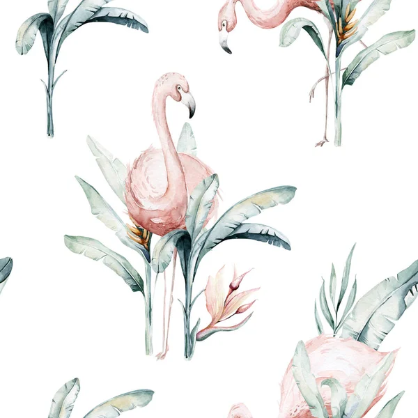 Tropical seamless pattern with flamingo. Watercolor tropic drawing, rose bird and greenery palm tree, tropic green texture, exotic flower.