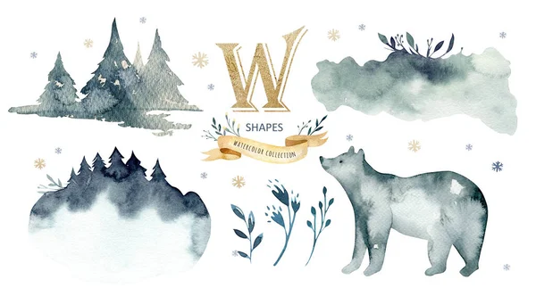 手绘水彩画的冬季风景与松树和熊在山上 因白人背景而被隔离 — 图库照片