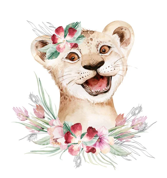 Trendy Poster Lion Watercolor Cartoon Lion Savanna Animal Illustration Jungle Royalty Free Stock Photos