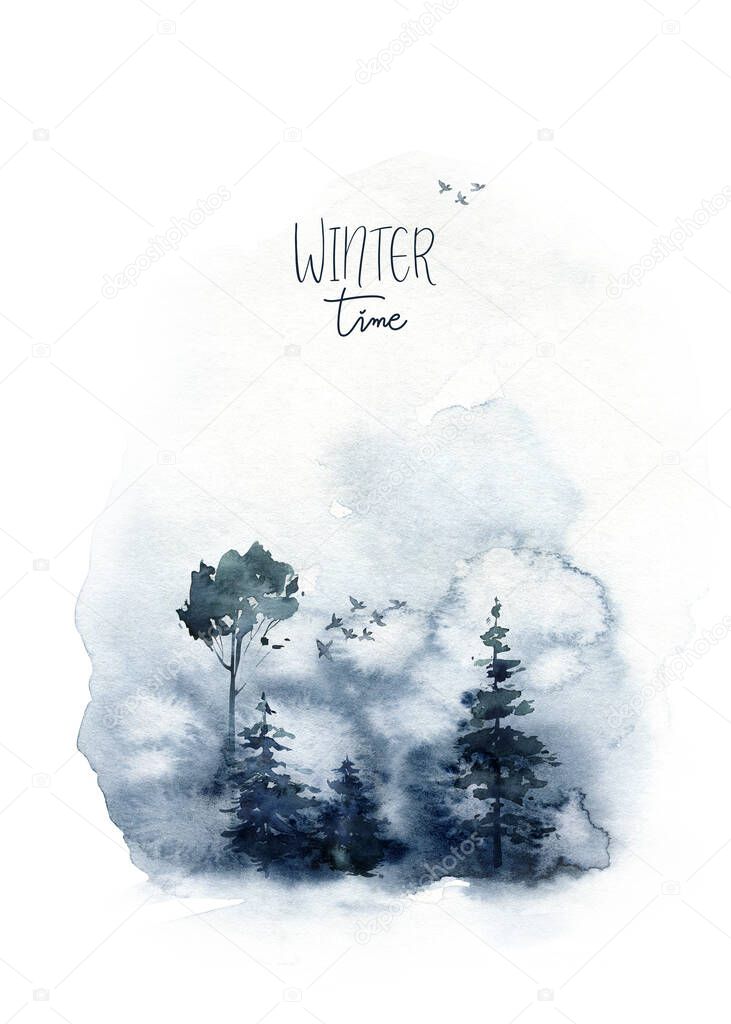 Hand painted watercolor winter landscape with Pine Trees in the Mountains. Isolated on white Background.