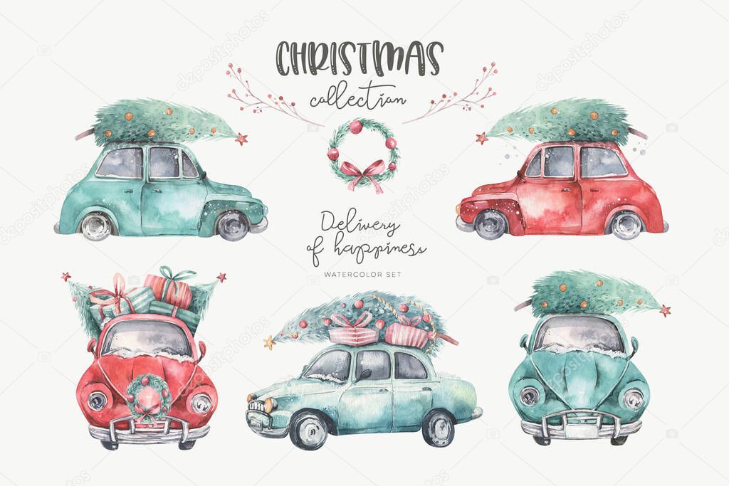 Watercolor christmas holiday seamless pattern with red and green transportation illustration. Merry Xmas auto winter design. Hand painted New year retro vintage cars wallpaper background