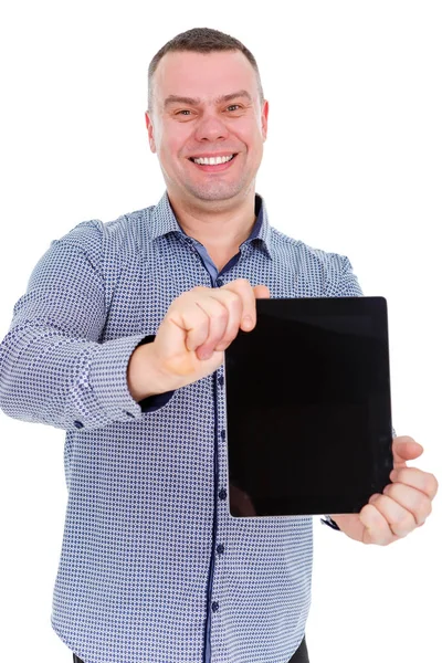 Happy Businessman Tenere Computer Tablet Digitale Mano Mostrare Alla Fotocamera — Foto Stock