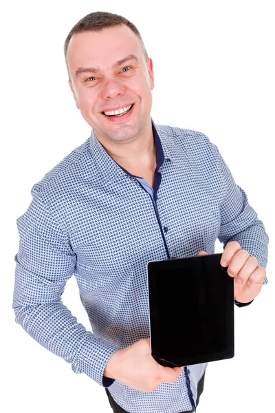 Happy Businessman Tenere Computer Tablet Digitale Mano Mostrare Alla Fotocamera — Foto Stock