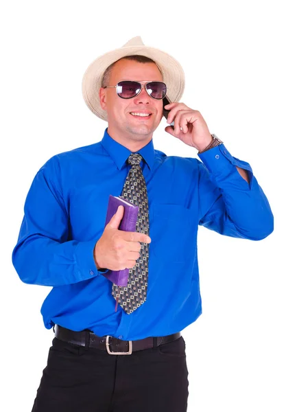 파란색 넥타이 선글라스와 모자에 행복하고 사업가 전화로 말하고 노트북을 리더십과 — 스톡 사진