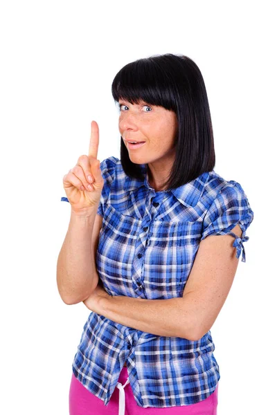 Middelbare Leeftijd Vrouw Met Grote Blauwe Ogen Wijzend Met Vinger — Stockfoto