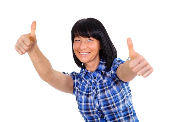 Mujer Feliz Con Sonrisa Blanca Años Camisa Cuadros Azul Mostrando —  Fotos de Stock