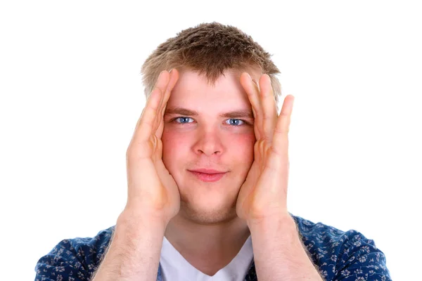 Retrato Primer Plano Joven Estudiante Guapo Sorprendido Sonriente Con Las —  Fotos de Stock