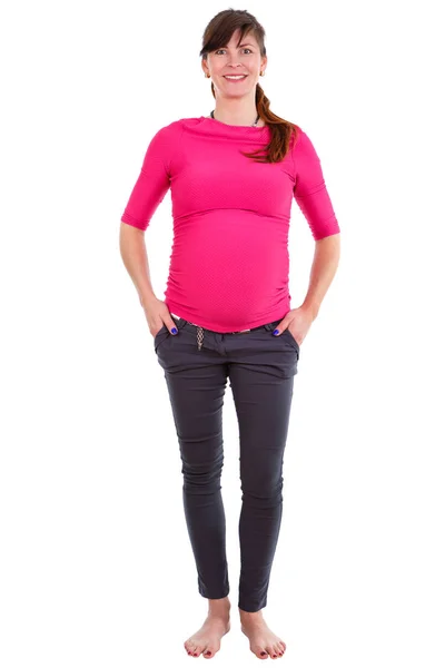 Gelukkige Lachende Zwangere Vrouw Negen Maanden Portret Volledige Lengte Strakke — Stockfoto