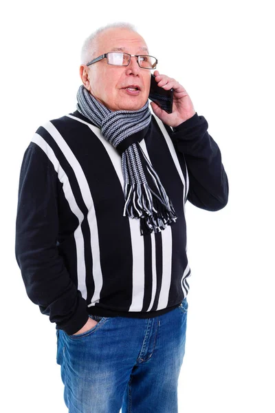 Viejo Hombre Mayor Suéter Bufanda Gafas Hablando Por Teléfono Móvil — Foto de Stock