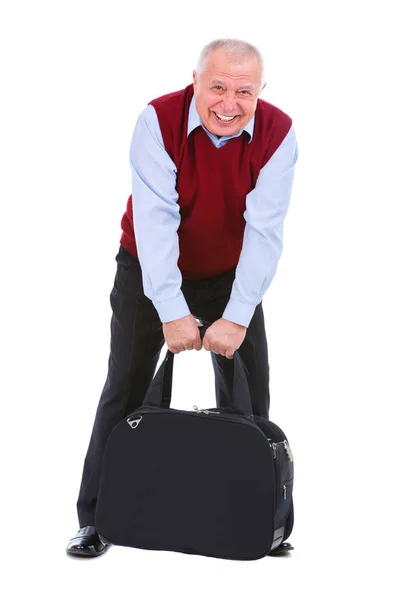 Vecchio Uomo Anziano Cardigan Colore Marsala Camicia Tenendo Una Valigia — Foto Stock