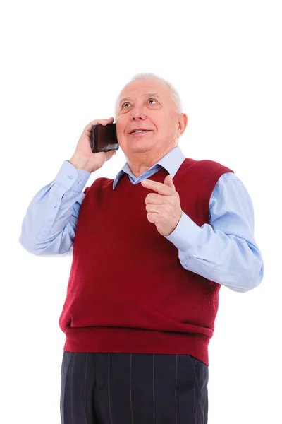 Oude Senior Man Marsala Kleur Cardigan Praten Mobiele Telefoon Geïsoleerd — Stockfoto