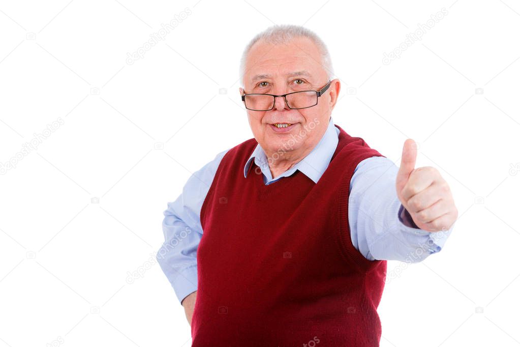 Handsome mature businessman puts the purse in his pocket. isolated on white background