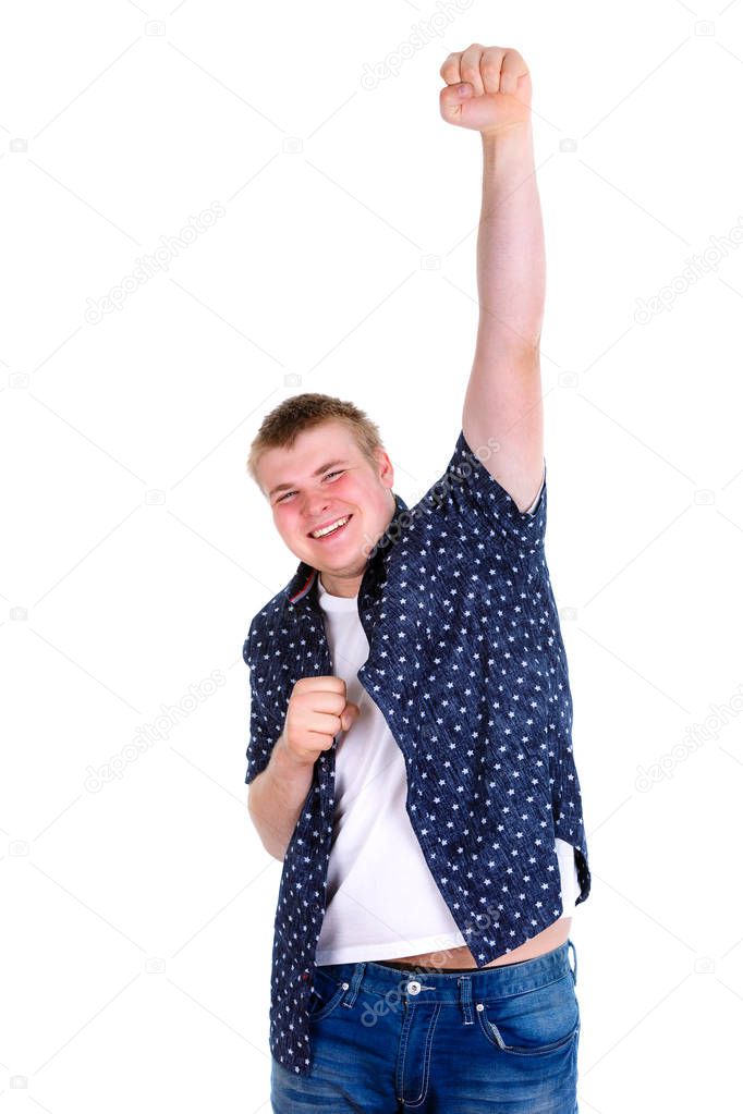 Closeup portrait of excited, energetic, happy, screaming student, business man winning, arms, fists pumped, celebrating success, isolated on white background. Positive human emotion, facial expression