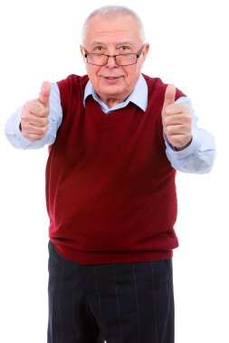 Beyaz arka planda izole edilmiş jest kadar iki başparmak gösteren gözlük Mutlu üst düzey. İnsan duyguları ve yüz ifadeleri. Eğitim kavramı