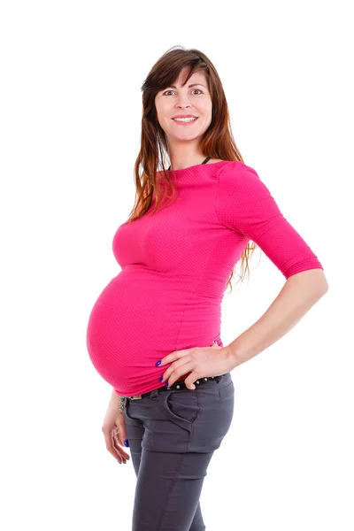 Mulher Grávida Feliz Sorridente Nove Meses Calças Blusa Vermelha Fundo — Fotografia de Stock