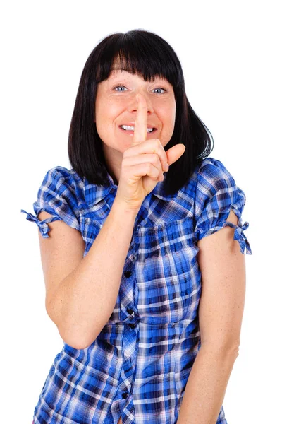 Portret Van Volwassen Vrouw Houden Vinger Haar Lippen Vragen Stil — Stockfoto