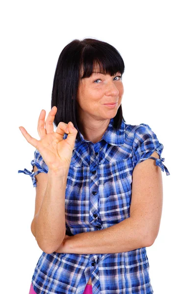 Gelukkige Vrouw Jaar Oud Blauw Geruit Shirt Tonen Gebaar Geïsoleerd — Stockfoto