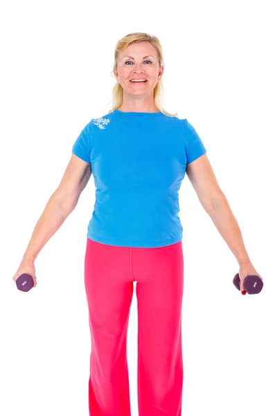 Gelukkig Glimlach Oude Senior Vrouw Sport Outfit Gym Trainen Met — Stockfoto
