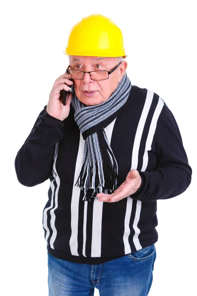 Emotional Portrait Old Senior Man Construction Worker Talking Cell Phone — Stock Photo, Image