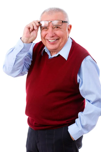 Sonriente Hombre Mayor Feliz Con Dientes Blancos Mirando Desde Debajo — Foto de Stock