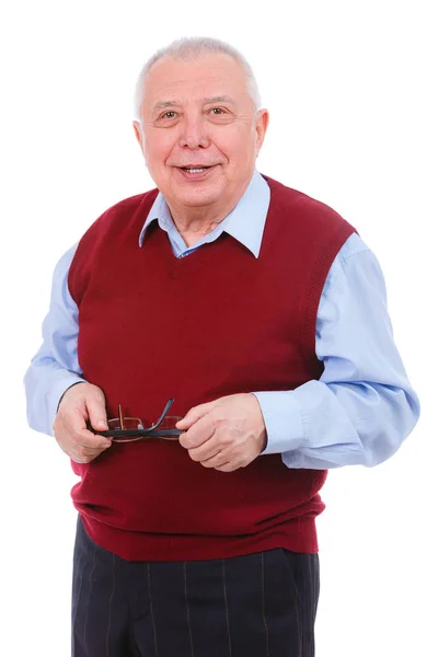 Retrato Sonrisa Anciano Maestro Edad Sostiene Los Anteojos Mirando Cámara —  Fotos de Stock