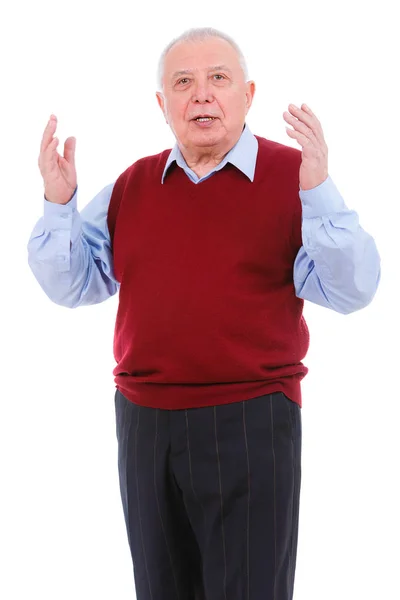 Verrast Senior Oude Man Verhoogde Handen Omhoog Kijkt Naar Camera — Stockfoto