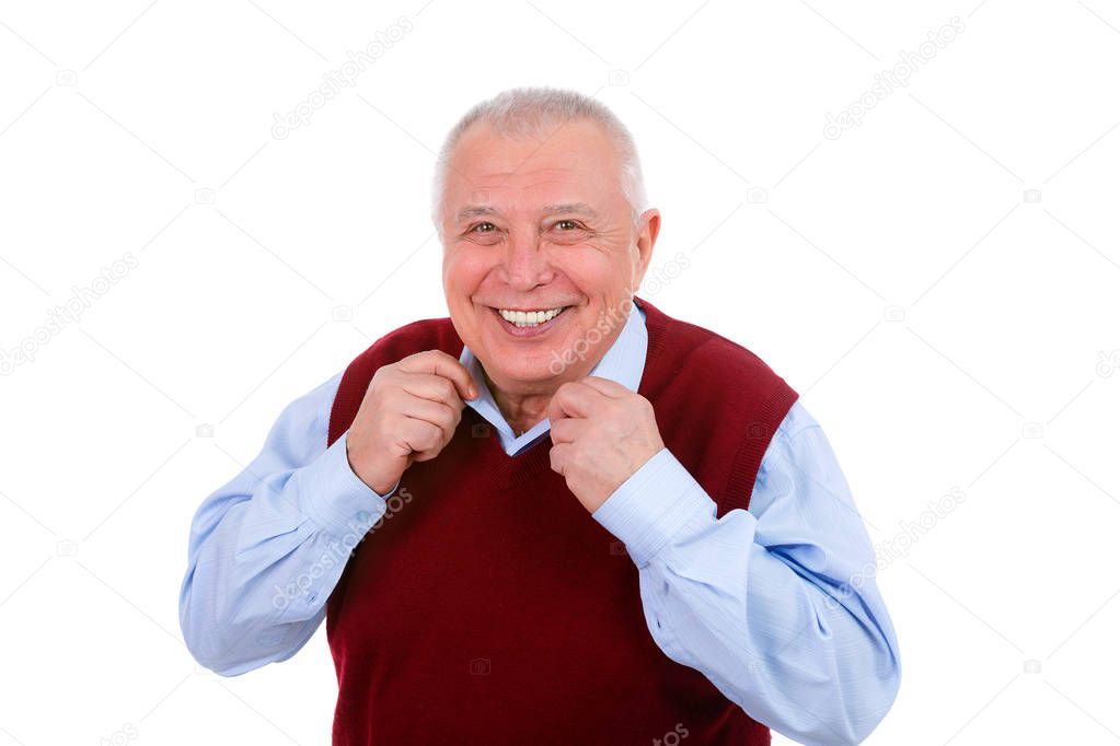 Portrait of happy smile senior man 70-75 years old with white teeth. Isolated on white background. Human emotions and facial expressions.