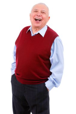 Mutlu gülümseme beyaz dişleri beyaz izole yaşlı adam. İnsan duyguları ve yüz ifadeleri. Eğitim kavramı