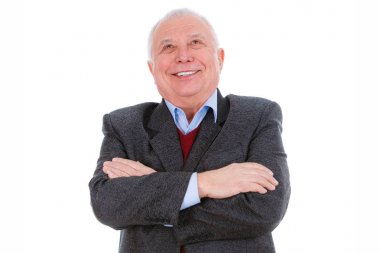 Mutlu ve beyaz dişlerin portresi beyaz arka plan üzerinde izole takım elbise, gömlek ve marsala ceket giymiş kıdemli yaşlı öğretmen adam gülümseme. İnsan duyguları ve yüz ifadeleri. Eğitim kavramı