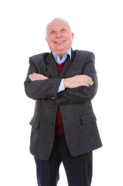 Mutlu ve beyaz dişlerin portresi beyaz arka plan üzerinde izole takım elbise, gömlek ve marsala ceket giymiş kıdemli yaşlı öğretmen adam gülümseme. İnsan duyguları ve yüz ifadeleri. Eğitim kavramı