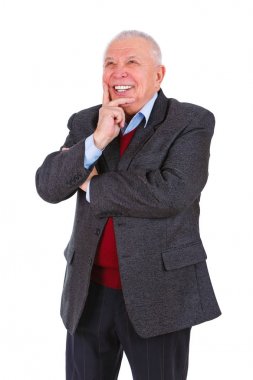Beyaz dişleri gülümseme ile sırıtan yaşlı üst düzey iş adamı Portresi, takım elbise giymiş, gömlek ve marsala hırka, beyaz arka plan üzerinde izole. İnsan duyguları ve yüz ifadeleri