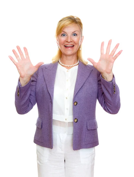 10本の指を見せたスーツを着た60 65歳の幸せな笑顔の老婦人の肖像画 白い背景に隔離された ポジティブな人間の感情 — ストック写真