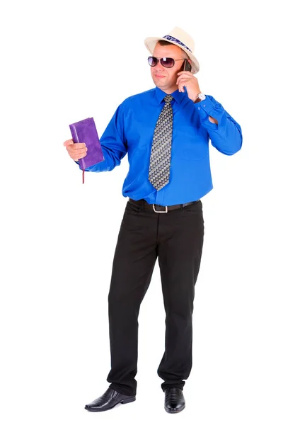 Volledige Lengte Portret Van Gelukkige Lachende Zakenman Blauw Shirt Stropdas — Stockfoto