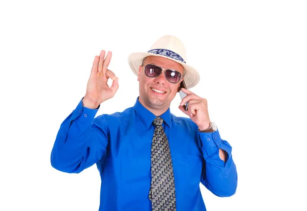 Erfolgreicher Und Lächelnder Geschäftsmann Jeans Blauem Hemd Krawatte Sonnenbrille Und — Stockfoto