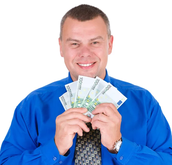 特写画中快乐 幸运的商人在衬衫和领带拿着钱欧元钞票在手中 看着相机 孤立的白色背景 积极情绪 — 图库照片