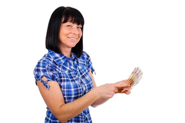 Mulher Feliz Sorridente Anos Segurando Dinheiro Euros Mão Mostrando Dedo — Fotografia de Stock